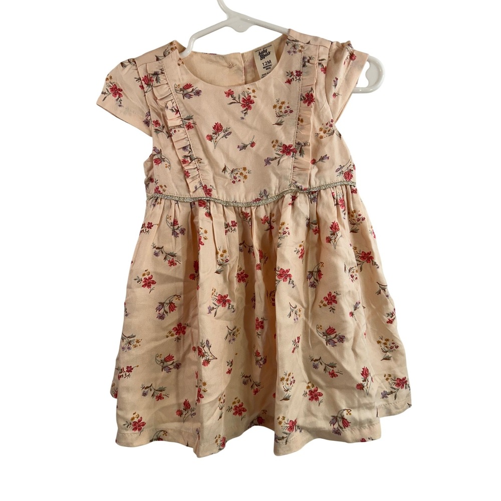 Baby B'gosh Floral Dress 12M Peach Glitter Waist Pleated Cap Sleeve Baby Girl